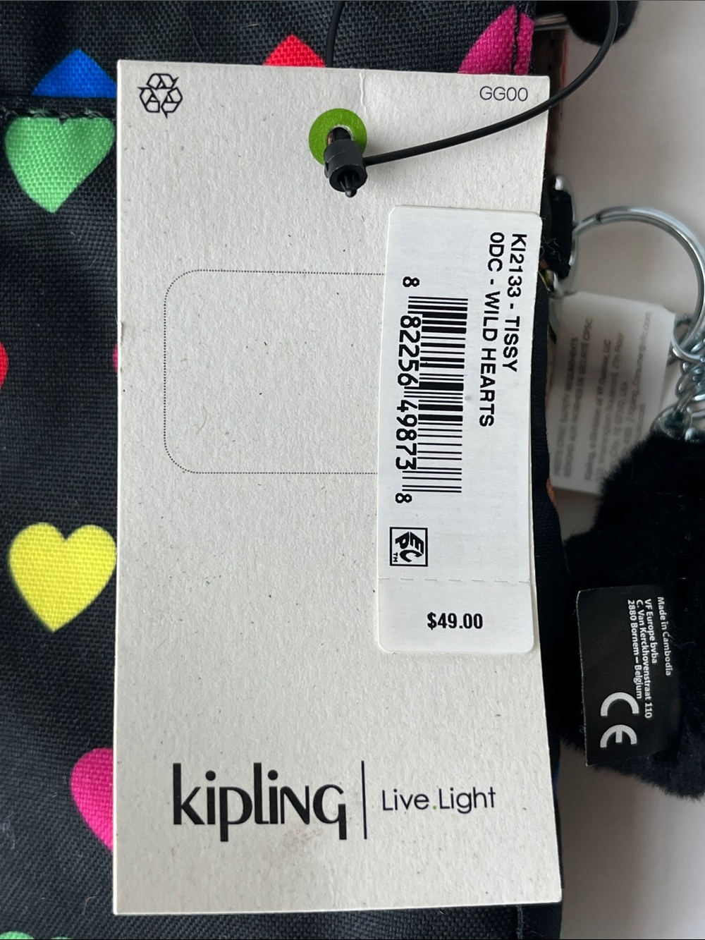 Kipling Wild Hearts Crossbody Black with Rainbow Heart Print Monkey Keychain NWT - Picture 4 of 10